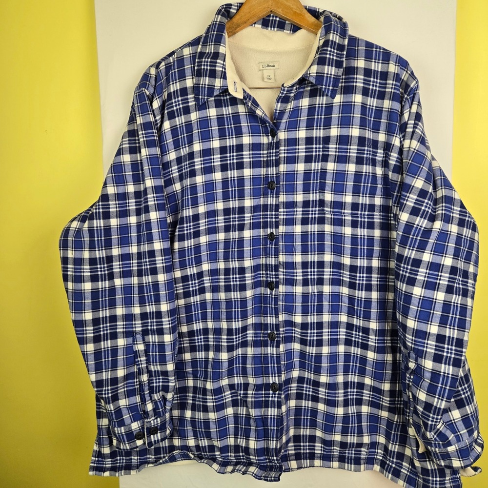 LL Bean Fleece Lined Flannel Shirt Jacket Blue White Plaid 2X Womens